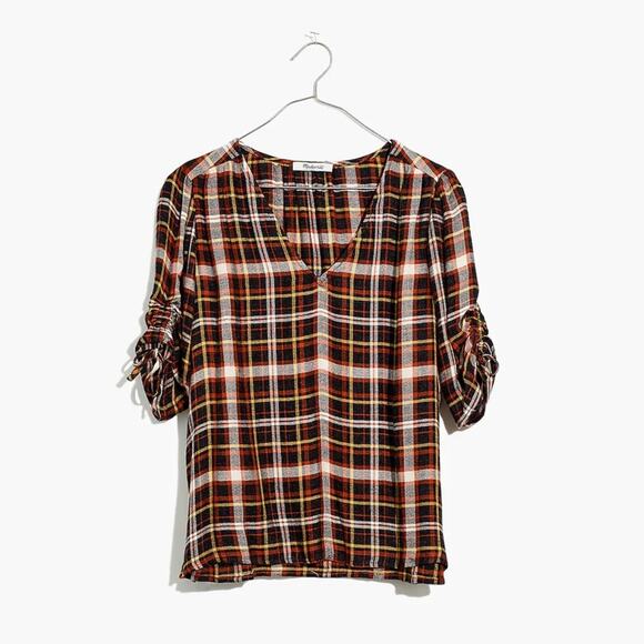 Madewell Plaid Cinched-Sleeve Top Ruched Sleeves V-Neck Blouse Top Size Medium - Picture 2 of 11